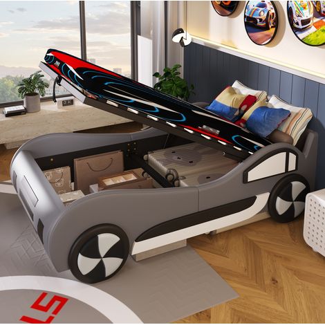 Cama coche 90/200 cm gris con almacenaje y diseño cockpit (1/5)