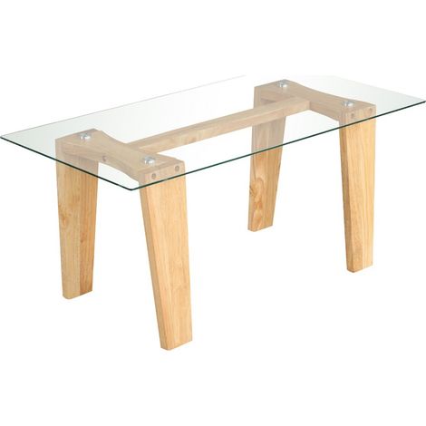 Tavolino da caffè in vetro con gambe in legno di gomma massiccio, Tavolino centrale rettangolare da 100 CM Naturale (1/4)