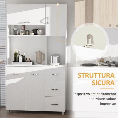 Buffet design cuisine blanc, 100x39,5x183,5 cm, avec tiroirs, rangements fermés et étagères ouvertes (1/5)