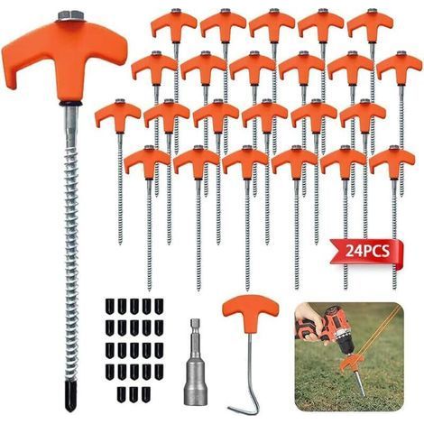 Lot de 24 Piquet De Tente a Visser,Piquets De Tente en Acier avec Filetage Et Support De Corde,Ancrages Au Sol à Visser Accessoires pour Tente,Piquet Auvent pour Le Camping pour Sol Dur et Bois (1/5)
