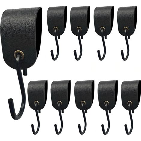 10 ganchos en forma de S, presillas de cuero, perchas de cuero negro y metal para cocina, baño, dormitorio, armario y otros lugares. (1/5)