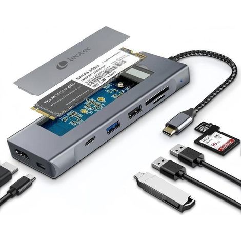 Docking USB Tipo-C Leotec LEDS07/ Ranura SSD M.2/ 2xUSB/ 1xUSB Tipo-C/ 1xHDMI 4K/ 1xLector Tarjetas SD y MicroSD/ 1xUSB Tipo-C P