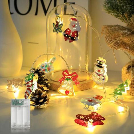 Guirnalda de luces LED de Papá Noel, muñeco de nieve, reno y árbol, a pilas, portátil, para interior y exterior, color amarillo cálido metálico, 3 m, 20 LED