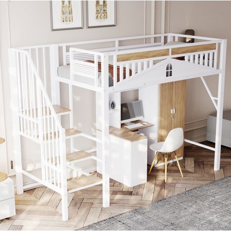 MEUBLIV Lit mezzanine 90x200 cm blanc – avec escalier de rangement, sans matelas (1/5)