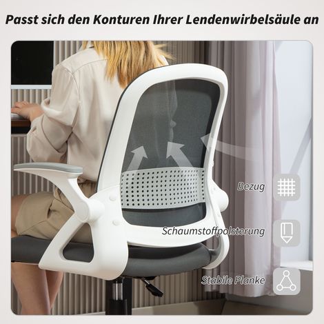 Chaise de travail pivotante ergonomique en filet respirant, grise, avec accoudoirs relevables et support lombaire (1/4)