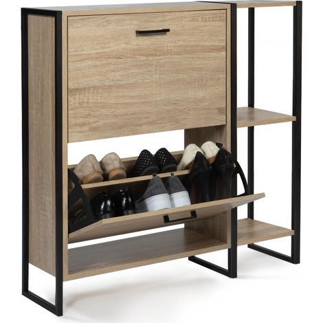 Idmarket – Meuble à chaussures 12 paires – 2 portes abattantes – étagère 3 plateaux – design industriel – dimensions 95x23,5x85 cm (1/3)
