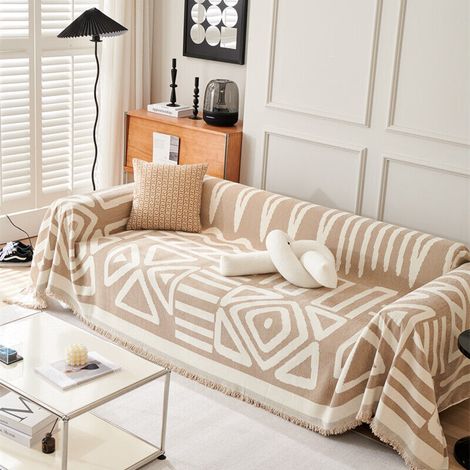 Housse de Canapé d\'angle, Housse Canapé 4 Places, Couvre Canape Chenille,Protege Canape Angle avec Glands Décoratifs,Anti-Rides,Boho beige,180x380 cm (1/5)