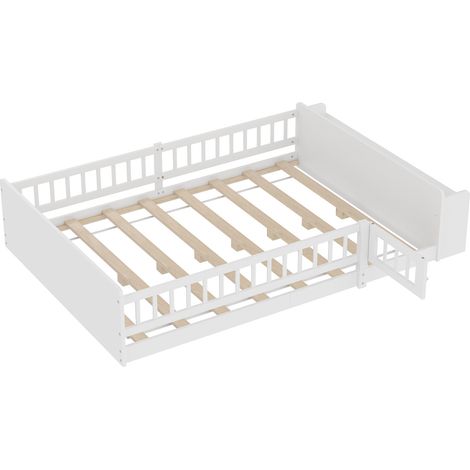 Lit enfant en bois de pin blanc 140 x 190 cm avec rangement ouvert et barrière à porte (1/5)