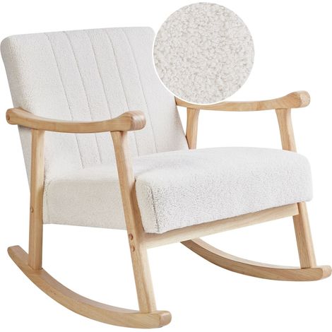 Poltrona a dondolo con rivestimento in bouclé bianco sporco gambe in legno di gomma e braccioli Leknes