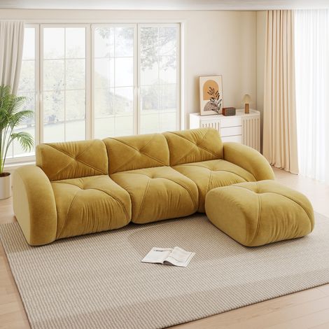 Canapé modulaire d’angle 281x171x76 cm jaune en chenille avec ottoman, 3 places sans montage (1/5)