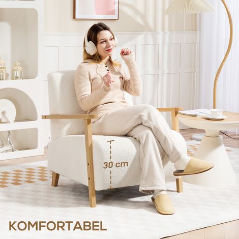 Fauteuil HOMCOM à dossier et accoudoirs, revêtement similicuir effet sherpa, pieds bois, pour salon ou chambre, charge max 120 kg, blanc crème
