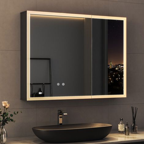 80x60 cm Spiegelschrank Bad mit Beleuchtung LED Spiegelschrank mit Beleuchtung Badspiegel Schwarz mit Beleuchtung Badschrank Hängeschränke mit 3 Einstellbare Lichtfarben Beschlagfrei