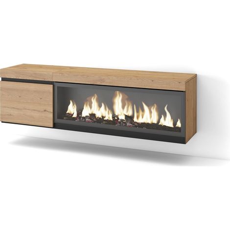 Skraut Home – Meuble TV suspendu mural avec cheminée électrique LED – Grand rangement chêne noir – Dimensions 158x35x45cm – Pour TV jusqu'à 65" (1/5)