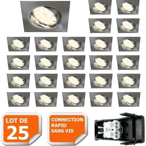 LOT DE 25 SPOT ENCASTRABLE ORIENTABLE LED CARRE ALU BROSSE GU10 230V eq. 50W BLANC CHAUD