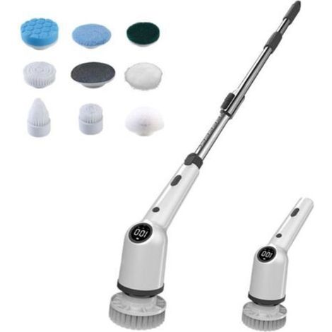 Cepillo de limpieza rotatorio eléctrico, cepillo inalámbrico para taladro con indicaciones de voz y 8 cabezales, cepillo rotatorio eléctrico con mango ajustable de 137 cm para baño y cocina.