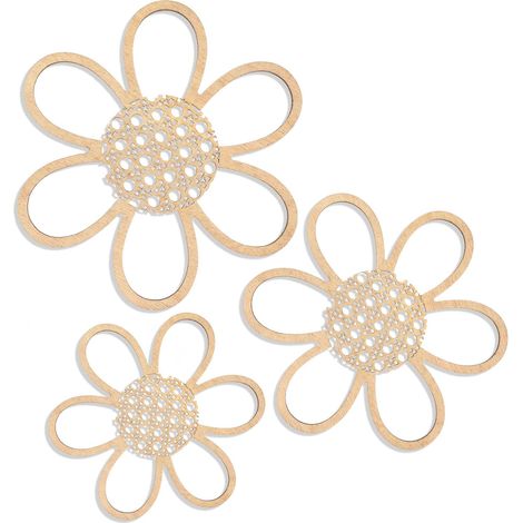 Ensemble de 3 pièces - Décoration murale bohème marguerite - Suspension murale florale naturelle en bois - Style bohème - Décoration florale pour la maison (1/5)