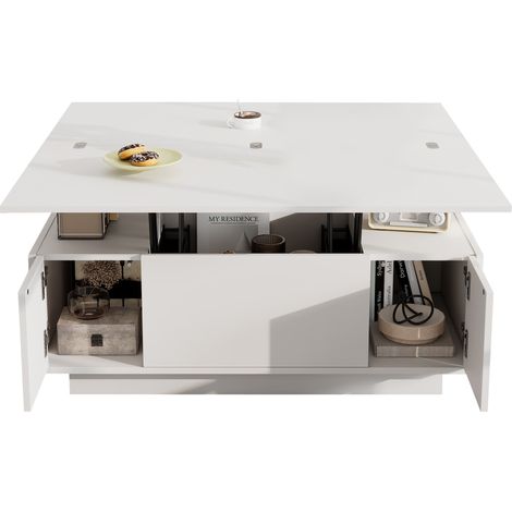 Table basse relevable blanche avec rangement caché, double plateau, charge 50 kg, 100x50x43 cm (1/5)