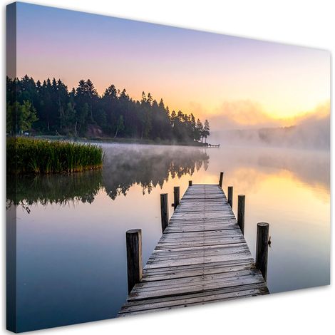 Wandbild Aussicht Steg See Wald im Nebel 90x60 cm