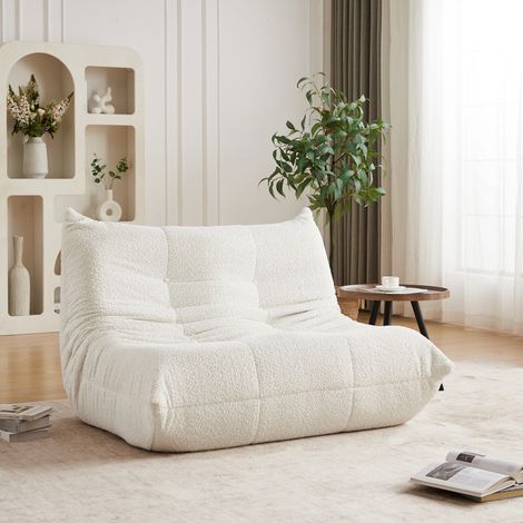 Fauteuil Canapé de Sol 2 Places, Chauffeuse Ergonomique Double, Mousse Haute Densité, Salon et Chambre, Max 300kg, en Chenille Blanc