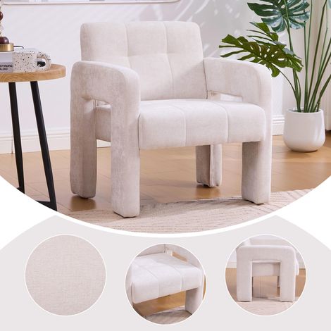 Fauteuil individuel moderne et minimaliste, confortable et rembourré, style nordique, en chenille beige, idéal pour le salon, la chambre ou le bureau.