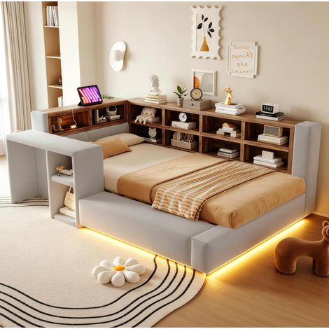 Cama capitoné 90x200 cm en terciopelo gris claro con almacenaje LED, sin colchón (1/5)