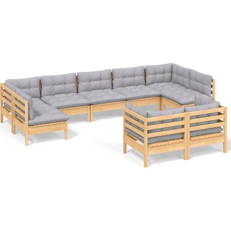 INLIFE Salon de jardin 9 pcs avec coussins gris Bois de pin solide (1/5)
