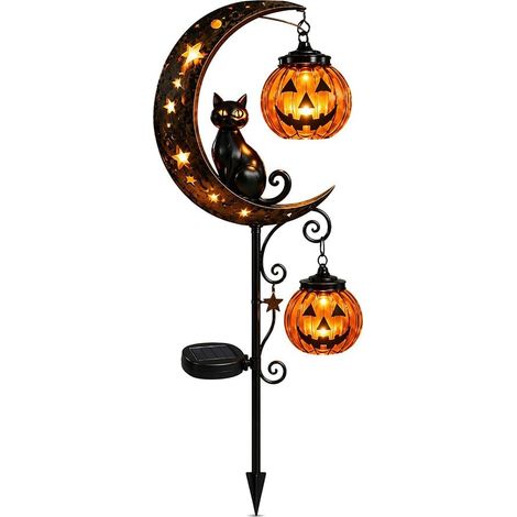 Lot de 1 lampes solaires Halloween – Chat noir, citrouille et lune – LED étanche – Piquets pour jardin – Idéales pour patio, allée et porche – Décoration extérieure festive-Style A (1/5)