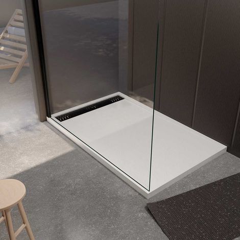 Plato de ducha de Resina Efecto Granito Blanco 90x140x3cm + Rejilla Negra