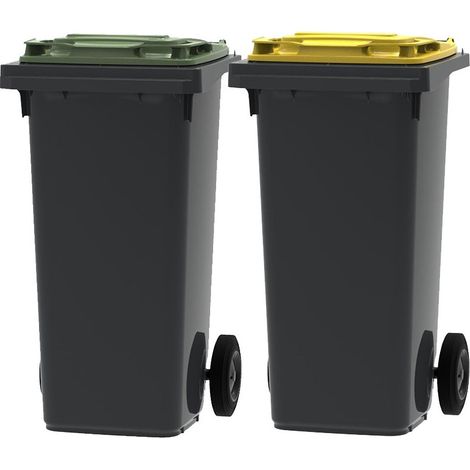 Lot de 2 poubelles d'extérieur 120L – 100% recyclé – Gris avec couvercle jaune et vert – Roues anti-corrosion – Fabriqué en France – ESE