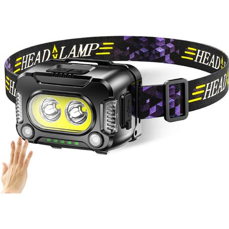Phare à induction intelligent avec avertissement de lumière rouge LED phare à forte lumière, Étanche, Rechargeable USB Frontale Professionnel pour Camping, Randonnée, Course, Cyclisme, Pêche