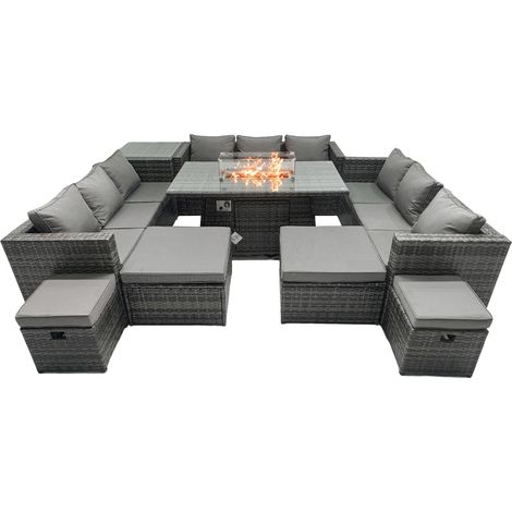 Fimous Rattan Garden Furniture Firepit Dining Set 13 Seater Lounge Sofa Firepit Dining Table Set with 4 Footstools Side Tables (1/5)