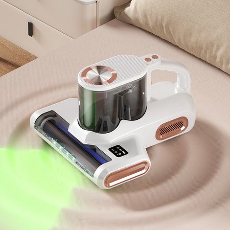 Aspirateur anti-acariens blanc sans fil, affichage poussière lumière verte, double bac, nettoyeur matelas maison (1/5)