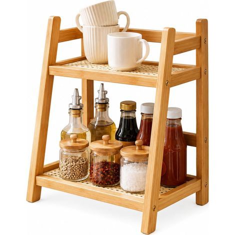 Organizzatore da cucina a 2 livelli in bambù e rattan, 26 x 18 x 28,5 cm, mensola da cucina, porta caffè, porta tazze, portabicchieri, per tè, caffè, bar, spezie (1/5)
