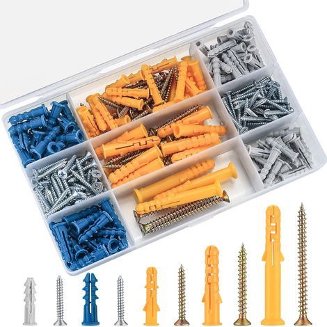 240 Pièces - Cheville - Vis - Kit Assortiment Ancrage Expansion - Fixation Cloison Sèche Plaque De Plâtre PVC Bois - Gris Jaune Bleu - Diverses Tailles (1/5)
