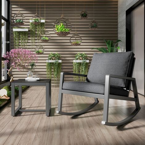 Ensemble de 3 fauteuils à bascule, mobilier de jardin, ensemble de conversation avec table basse en verre comprenant 2 fauteuils à bascule et 1 table basse en verre avec coussins épais pour jardin, te (1/5)