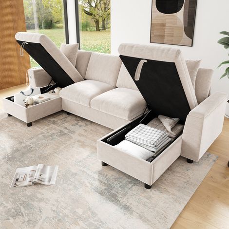 Canapé d'angle moderne 4 places en forme de U avec port USB et USB-C, 2 chaises longues avec coffres de rangement, beige