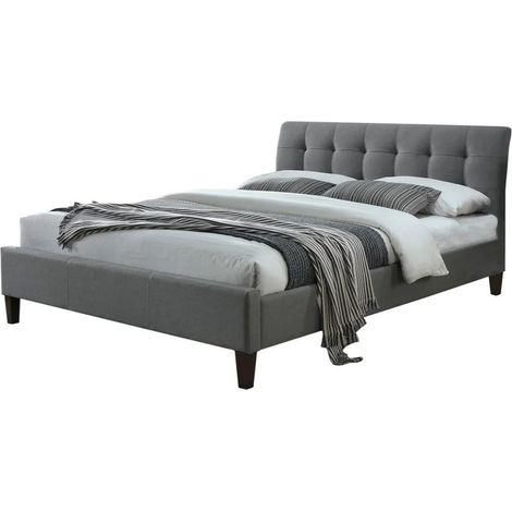 Lit deux personnes 160 x 200 cm en tissu gris avec pieds noirs en bois YUNA 2 (1/2)