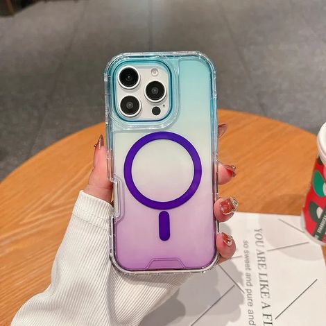 (Bleu-violet, iPhone 15 Plus) Coque de protection 3 en 1 à dégradé de couleurs, compatible avec la recharge sans fil MagSafe, coque de protection antichoc.