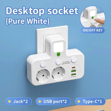 Bloc prise murale 2 prises électriques avec 2 ports USB et 1 port USB C interrupteurs individuels blanc 10 A 2500 W multiprise compacte pour maison bureau et espace de travail (1/2)
