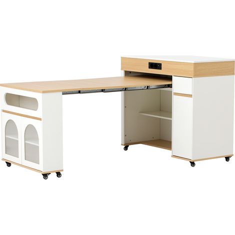 Carro de Cocina Extensible con 1 Cajón, 3 Puertas y Enchufes Integrados para Cocina y Comedor en MDF 50,5x110,5x95,5 cm Blanco y Natural (1/5)