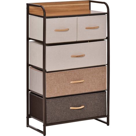 Commode avec 5 tiroirs pliables en tissu, structure en acier et MDF, 58x29x99 cm, marron (1/5)
