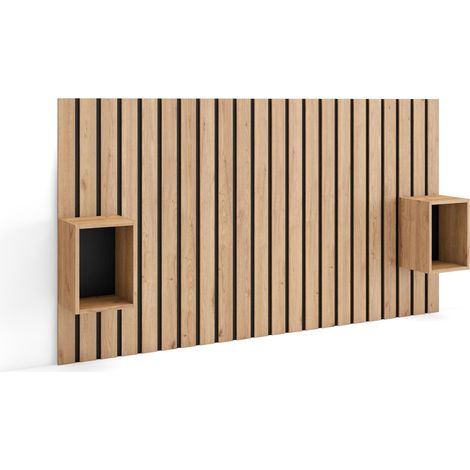 Skraut Home - Cabecero con mesitas - Listones Decorativos - 196x3x107 cm - Cama de 120,135,140 cm - Con almacenamiento - Estilo Moderno - Roble (1/5)