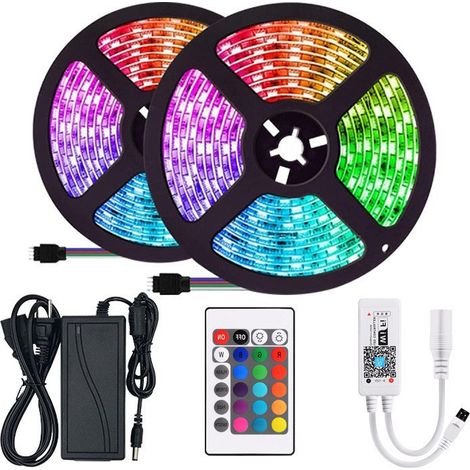 Ruban LED 10M, 1 Rouleau, 30 LED/Mètre, 24V RVB Bande LED, 300 LED, et Télécommande, Synchronisation de la Musique, Mode Minuterie, pour Chambre, Salle de Jeux, Fête, Festival