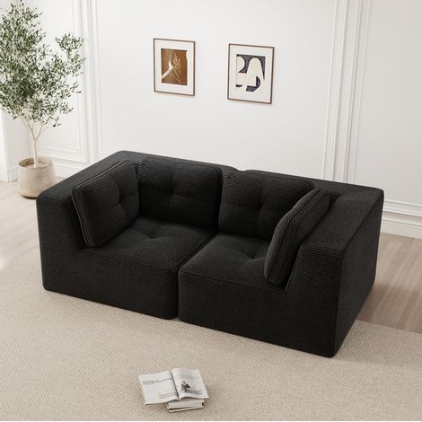 Divano angolare modulare in velluto a coste nero, senza struttura rigida, profondità seduta 74 cm (1/5)