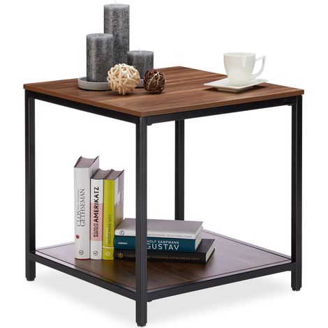 Relaxdays Tavolino Basso da Divano per Salotto, 2 Ripiani in Legno, Struttura in Acciaio, Quadrato, H 51cm, Marrone Nero