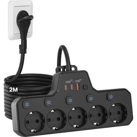 Multiprise Plate Derriere Meuble, Prise Multiple Interrupteur Individuel Multiprise Murale avec USB C Charge Rapide PD20W et QC18W, Bloc 5 Prise Extra-Plate, Rallonge Electrique 2M Câble, Noir (1/5)