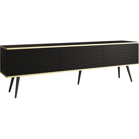 Meuble TV Avec Lamelles Noir, pieds Noir, 175 × 30 × 52 cm, Push to Open (1/5)
