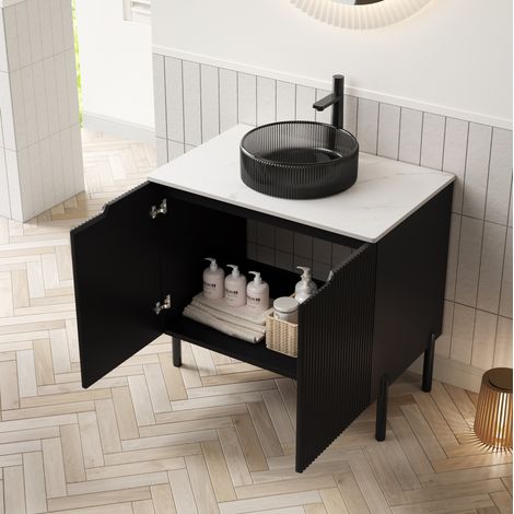 Mueble de baño 76 cm negro y blanco con lavabo redondo de vidrio y puertas - CHICFURN (1/5)
