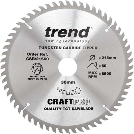 Trend Lame de Scie Circulaire pour Bois, 215 mm de Diamètre, 30 mm d'Alésage, 60 Dents, TCT, 2,6 mm de Trait de Scie, +15° Crochet, CSB/21560 (1/5)