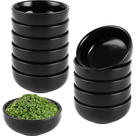 Lot de 12 Petit Ramequin à Sauce en Céramique Ø 7,7 cm - Coupelle à Sauce Noire Mate en Porcelaine - Bol de Service pour Sushi, Dips, Tapas et Desserts - Empilable et Compatible Micro-ondes (1/5)